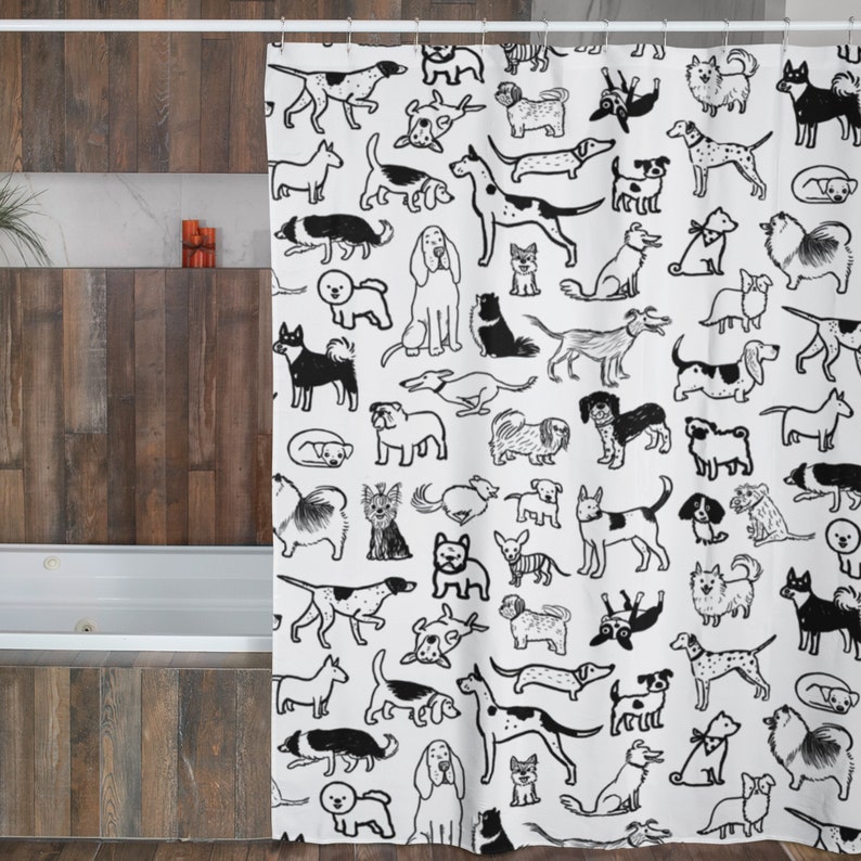 dog sketches keeshond pomeranian black ink drawing funny dogs shower curtain