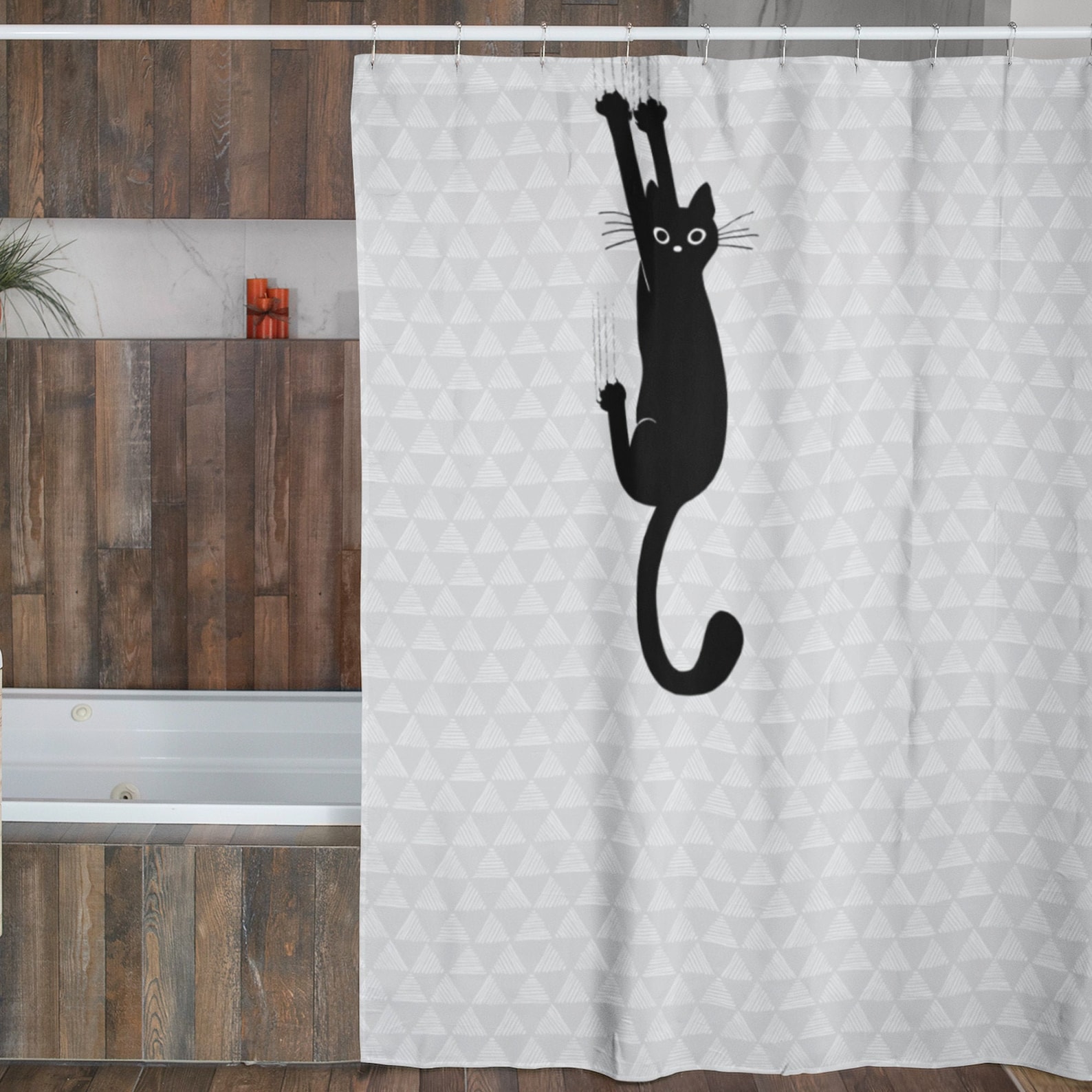 Funny Black Cat Shower Curtain Cat Hanging On Novelty Etsy