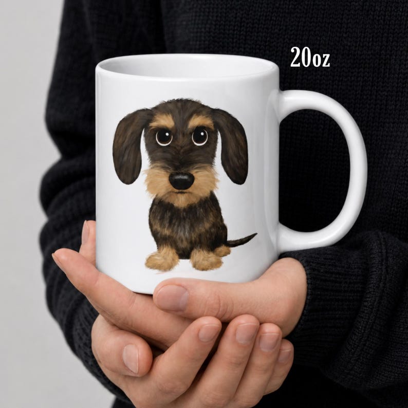 Wirehaired Dachshund Coffee Mug | Cute Wild Boar & Tan Teckel Cartoon Dog Mug | Doxie Lover Gift 20 oz