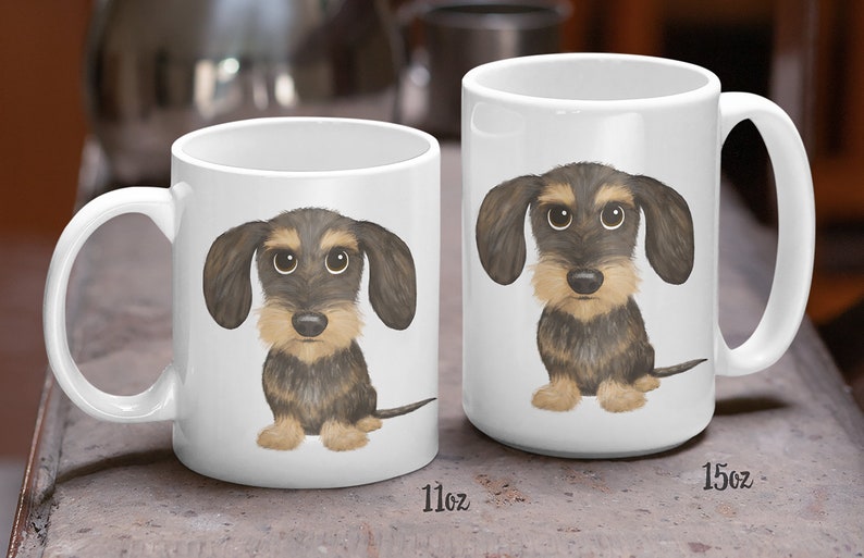 wirehaired Dachshund cartoon dog on coffee mug in two sizes