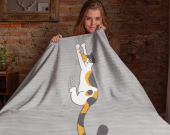 Calico Cat Throw Blanket Funny Cat Hanging On 50" X 60" Minky Soft Decorative Throw | Cute Cat Holding on with Claws