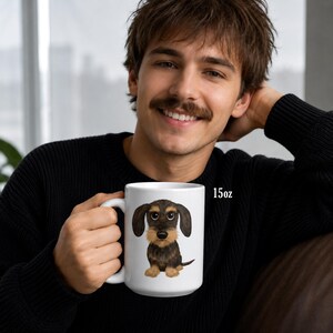 Wirehaired Dachshund Coffee Mug | Cute Wild Boar & Tan Teckel Cartoon Dog Mug | Doxie Lover Gift 15 oz