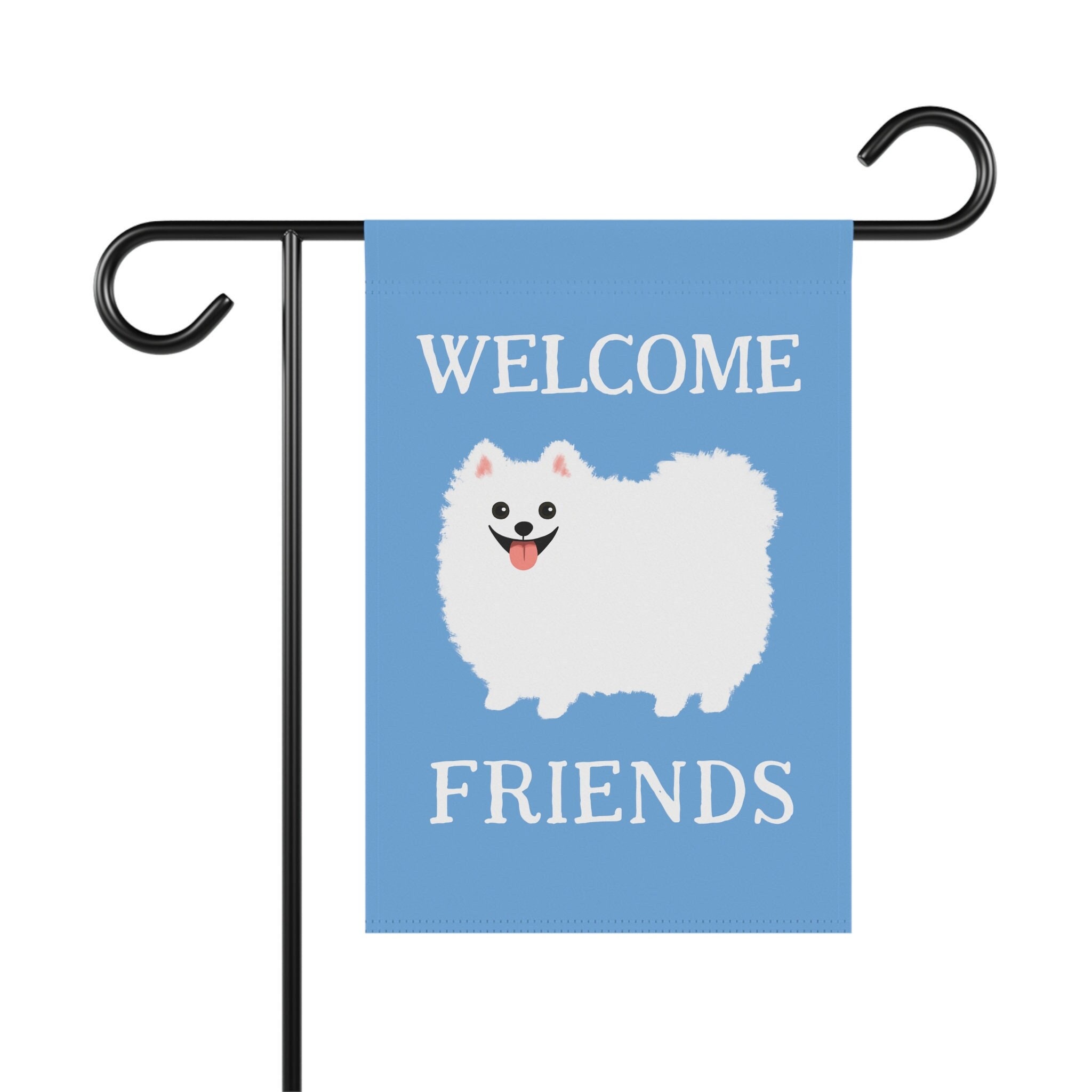 White Pomeranian Welcome Friends Garden Flag Cute Pomeranian Cartoon Dog House Flag Pom Mom Pommie Dad Gift ~ Pole Not Included