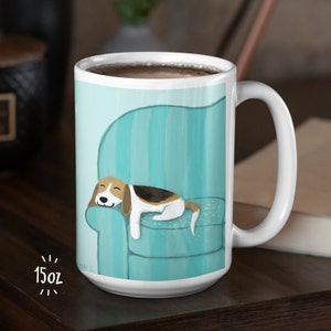 15 oz coffee mug with drawing of a cute dog sleeping on a couch