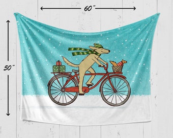 Winter Holiday Throw Blanket Dog and Squirrel Funny Dog Riding Bicycle Whimsical Plush Blanket Animal Lover Christmas Gift Xmas Blanket