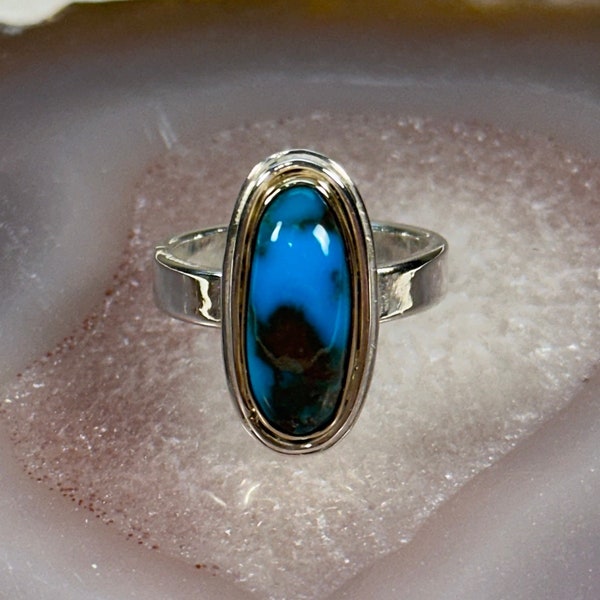 Bisbee Turquoise & Sterling Silver Ring w/ 14k Gold Bezel - Size 9 - by Bruce Mead Jr.