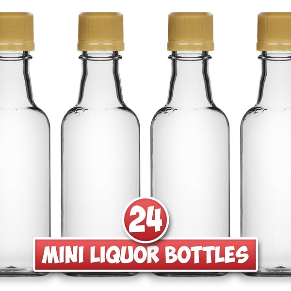 24 Mini Liquor Bottles, 50ml, Small Empty Plastic Mini Alcohol Bottles, Mini Bottle Shots, Round or Square Bottles + Caps - Other Quantities