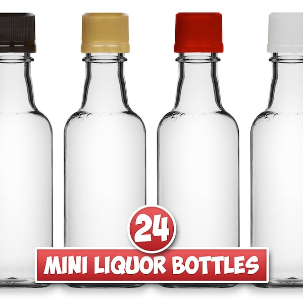 24 Mini Liquor Bottles, 50ml, Small Empty Plastic Mini Alcohol Bottles, Mini Bottle Shots, Round or Square Bottles + Caps - Other Quantities