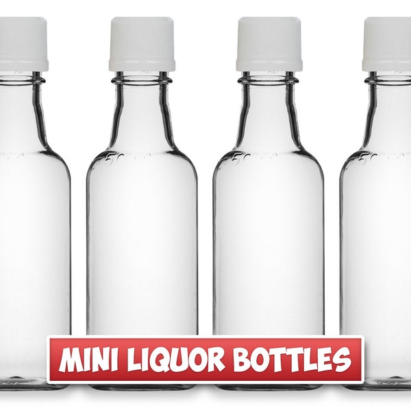 Mini Liquor Bottles, 50ml, Small Empty Plastic Mini Alcohol Bottles, Mini Bottle Shots, Round or Square Bottles + Caps - Other Quantities