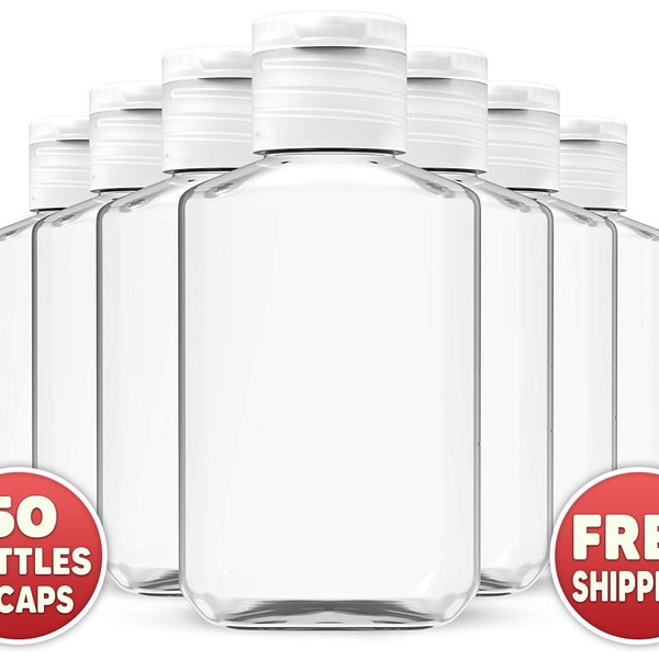 50 Empty Hand Sanitizer Bottles – Clear 2oz (60ml) – Perfect For Party Favors, Wedding Favors, Birthday Favors or Any Occassion - Free Ship