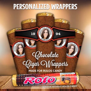 May include: Personalized chocolate cigar wrappers for Rolo candy. The wrappers are brown with gold foil tops and feature a photo, the name Maryann, and the text "Happy 30th Birthday". The wrappers are for the year 1994.