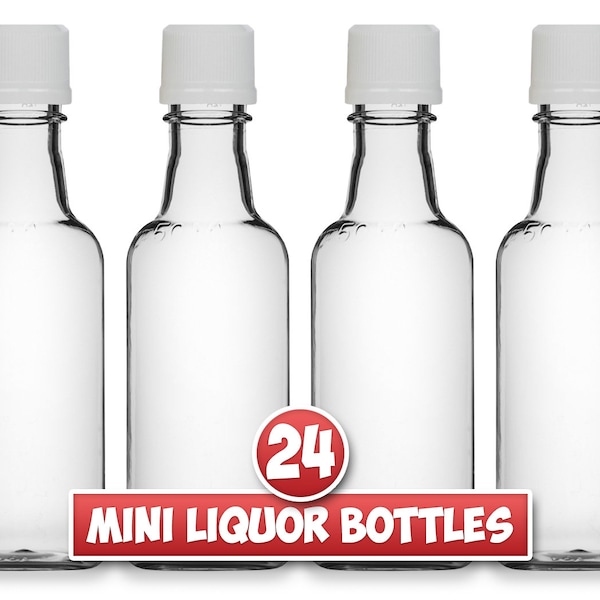 24 Mini Liquor Bottles, 50ml, Small Empty Plastic Mini Alcohol Bottles, Mini Bottle Shots, Round or Square Bottles + Caps - Other Quantities