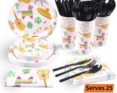 Fiesta Party Supplies 177PCS Mexican Theme Disposable Tableware Set Includes Plates, 12oz Cups, Napkin, Tablecloth, Banner More, Serves 25