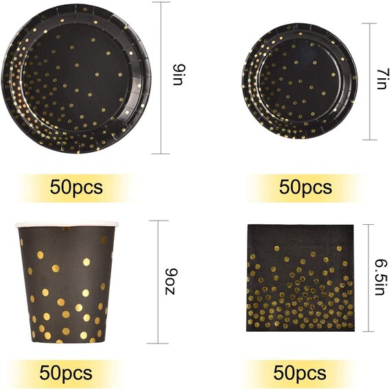 Black and Gold Party Supplies 200pcs Disposable Paper Set Includes 9paper  Plates, 7paper Plates, 9oz Cups and Napkins, Serves 50 