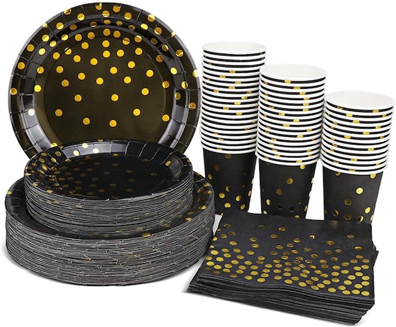 Black and Gold Party Supplies 200pcs Disposable Paper Set Includes 9paper  Plates, 7paper Plates, 9oz Cups and Napkins, Serves 50 