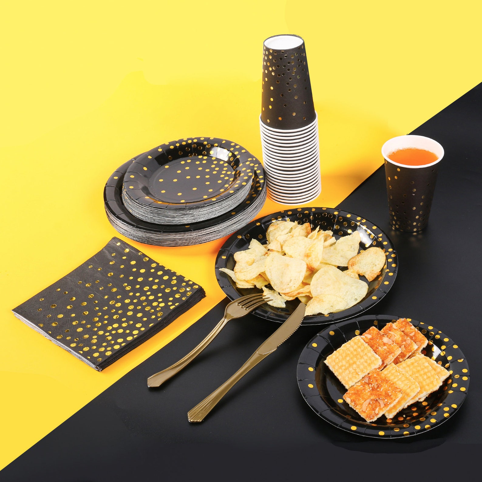 Black and Gold Party Supplies 146pcs Golden Dot Disposable Party
