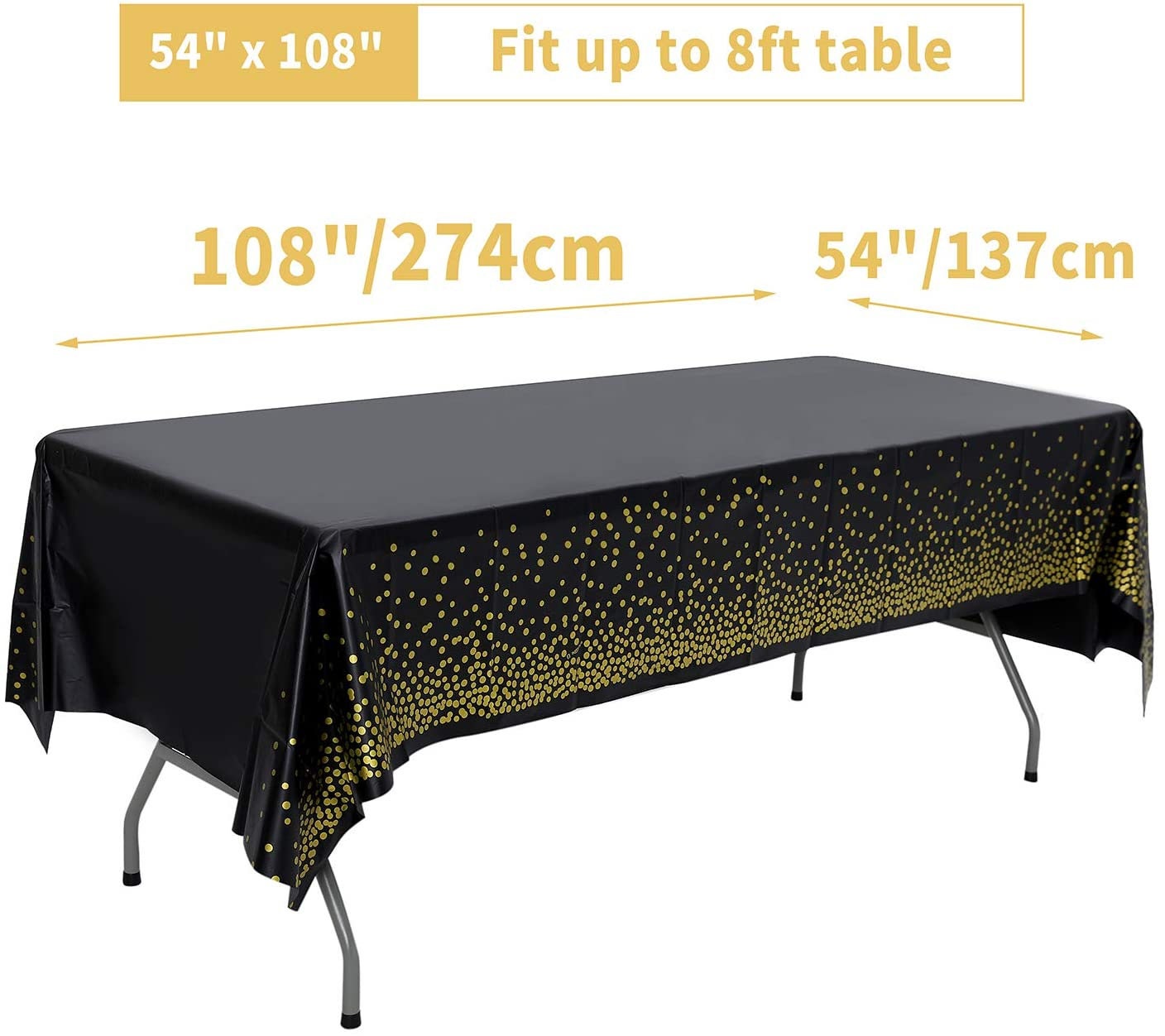 137x274cm Plastic Disposable Party Table Cloth Table Covers 2 Pack Black Gold Tablecloth Party Decorations for Wedding Birthday Anniversary Party Table Decorations 