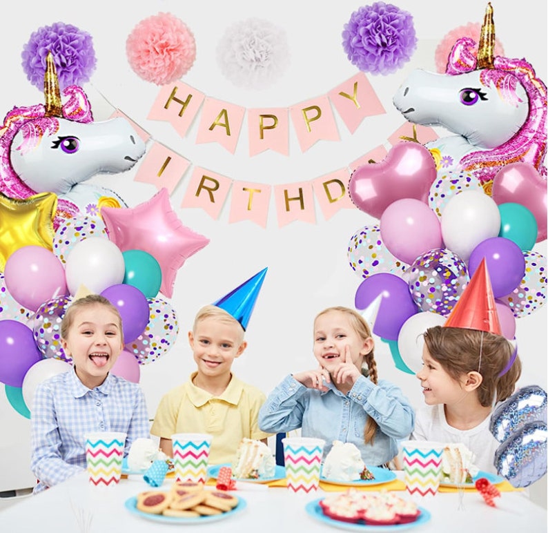 Large Unicorn Balloons Set Purple Pink Balloons Confetti Happy Birthday ...