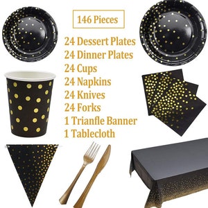 Black and Gold Party Supplies 146pcs Golden Dot Disposable - Etsy