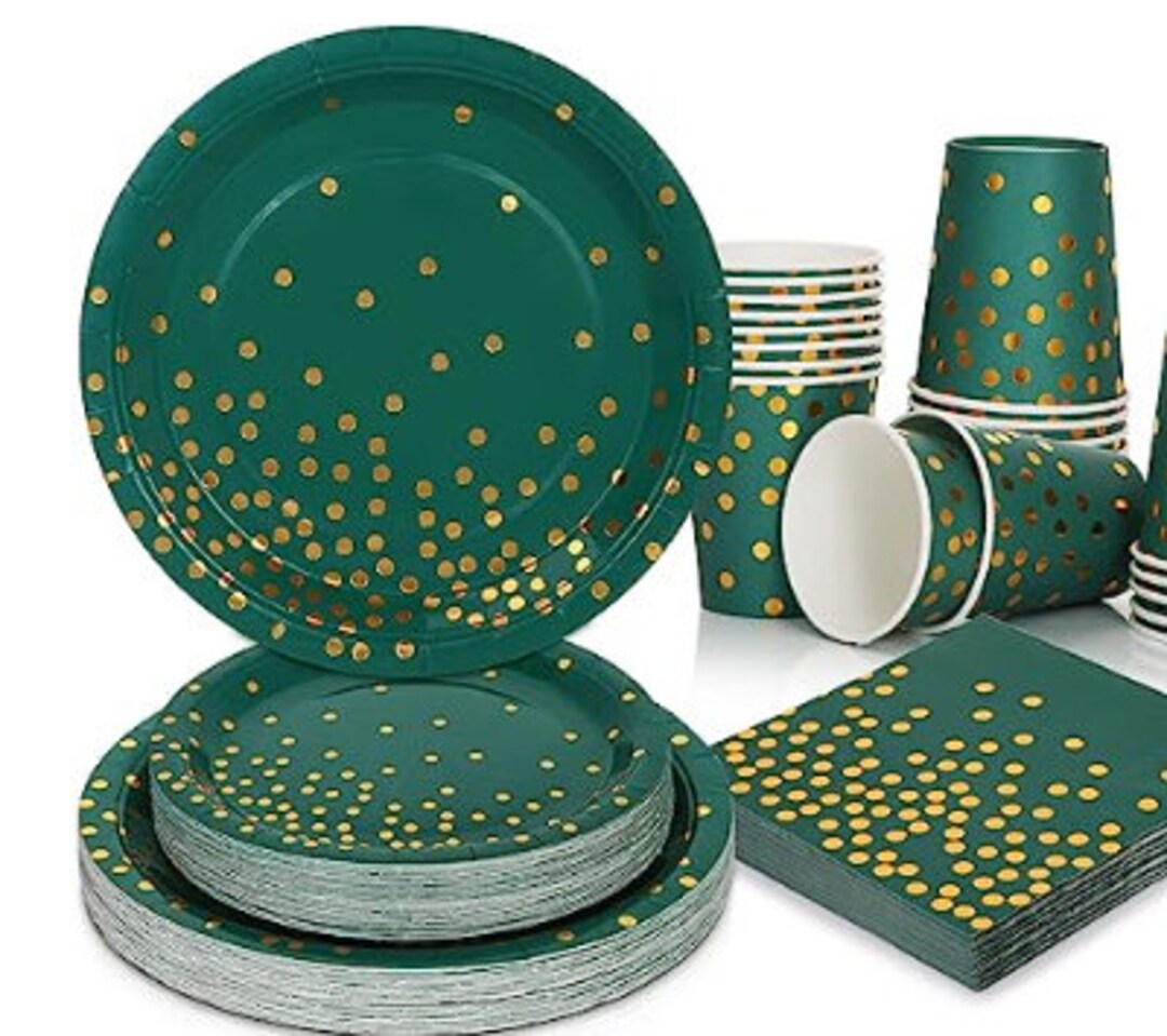 200pcs Green Party Decorations Paper Plates Green and Gold Birthday