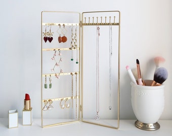 Simple and Neat Bi-Folding Jewelry Storage Stand for Earrings, Bracelets and Necklaces, Gold Finish