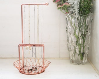 Simple and Neat Hanging 2-Tier Jewelry Storage Holder Organizer with Glass Tray, Rose Gold Finish
