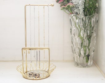 Simple and Neat Hanging 2-Tier Jewelry Storage Holder Organizer with Glass Tray, Gold Finish