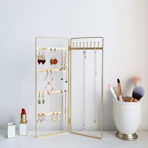 Simple and Neat Bi-Folding Jewelry Storage Stand for Earrings, Bracelets and Necklaces, Gold Finish