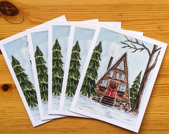 Winter Cabin Blank Card 5 Pack | Note Cards with Envelopes