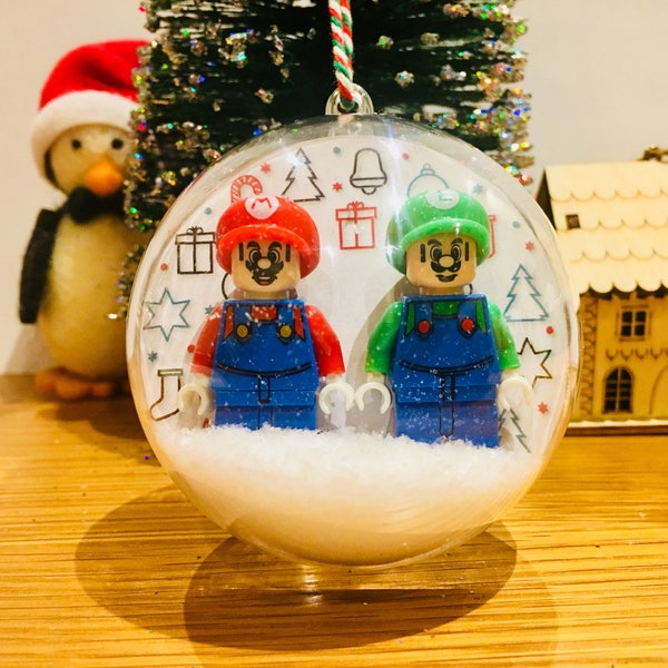 Personalised Mario Bros Mario and Luigi Lego inspired, Christmas tree bauble/superhero/xmas gift for gamer/Nintendo/Xbox/PlayStation