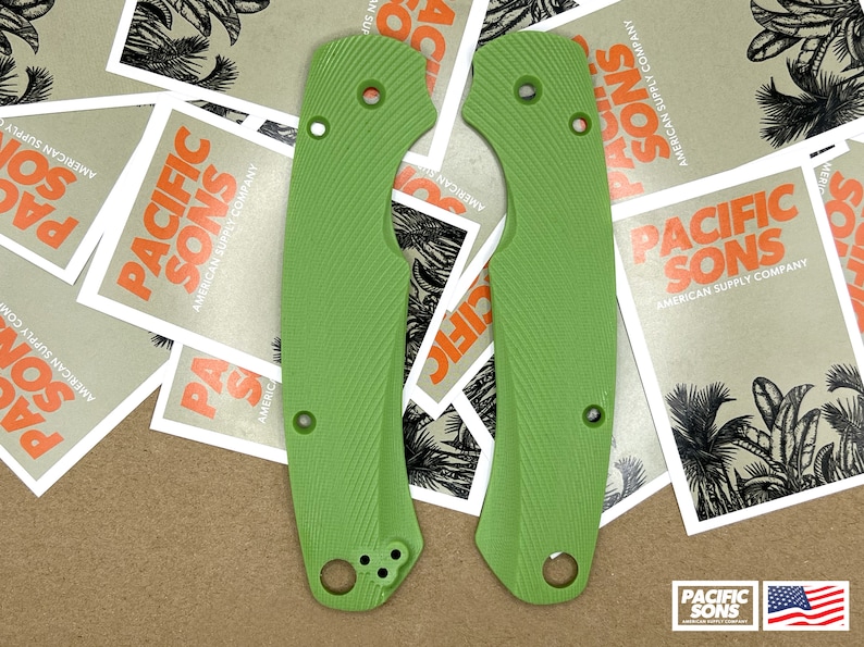 May include: Two green textured knife scales with a hole for a pivot pin and three screw holes. The scales are made of a durable material and are designed to fit a specific knife model.
