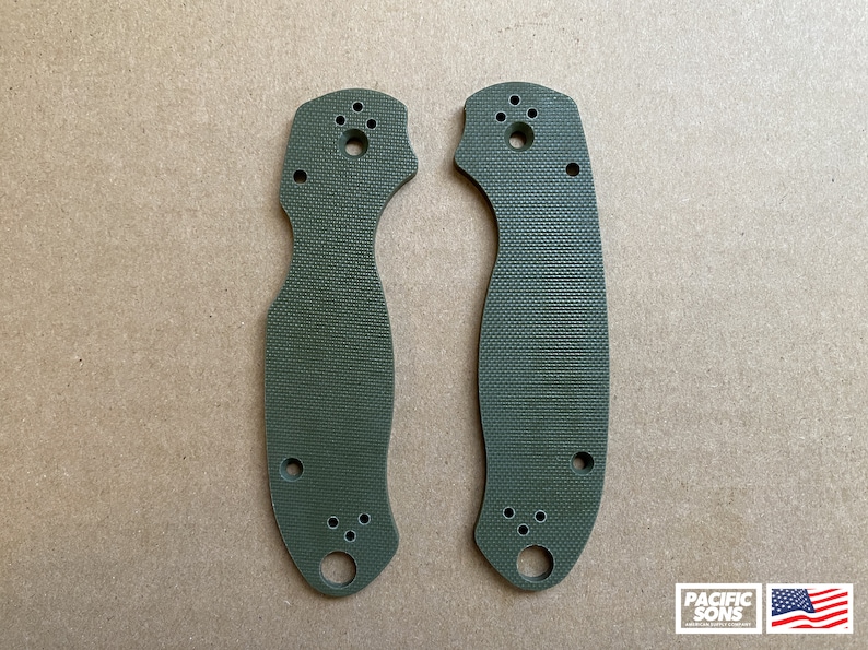 May include: A pair of green knife scales with a textured surface and multiple holes. The scales are made of G10 material.