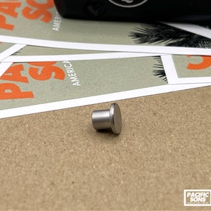 Puede incluir: Un pasador de metal plateado con una parte superior redondeada y una base cilíndrica. El pasador está sobre una superficie marrón.