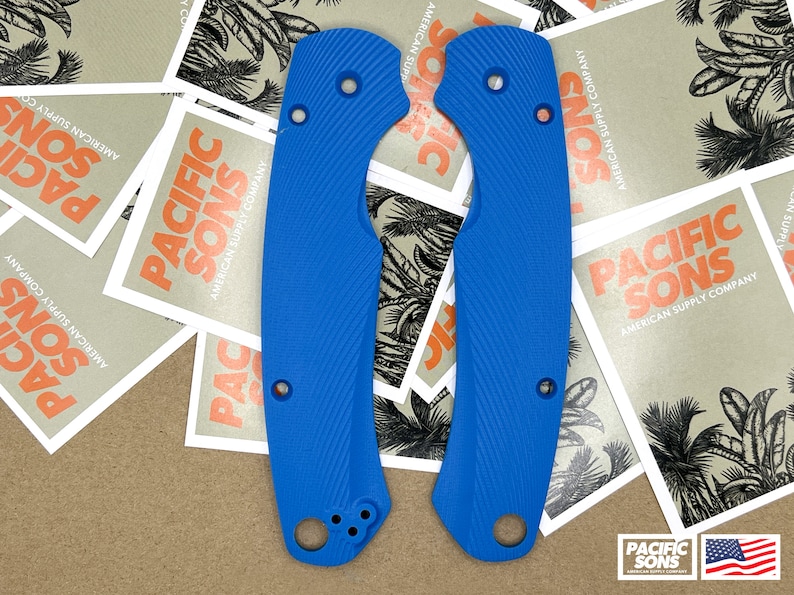 May include: Two blue textured knife scales. The scales are made of a durable material and have a textured surface for a secure grip.