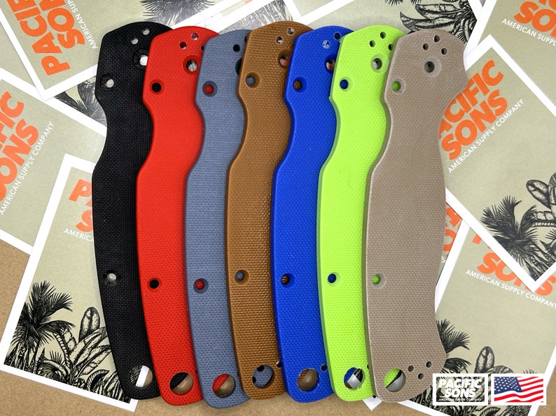 May include: Seven different colored replacement scales for a pocket knife. The scales are made of a textured material and have a variety of colors, including black, red, gray, brown, blue, green, and tan.