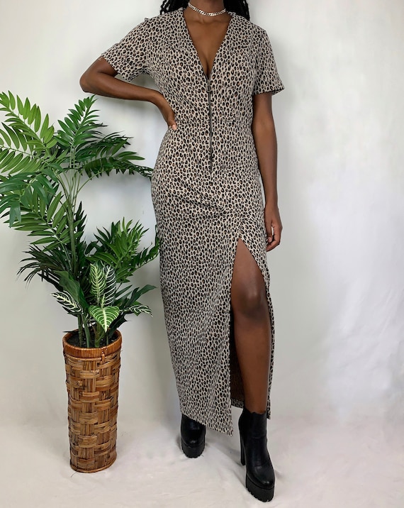 Vintage Knit Cheetah Zip-Front Dress