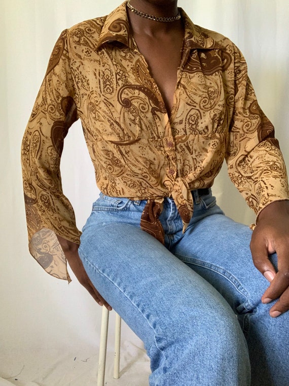 Shear V-Neck Paisley Blouse With Split Sleeves