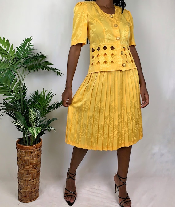 Vintage Upcycled Yellow Pleated Cutout Top and Ski