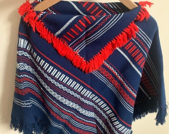 Child Poncho, Hand Knit Yarn in Navy, Red and White with Fringe, Children Jacket, Pullover, Age 2-6, Native Folk Art