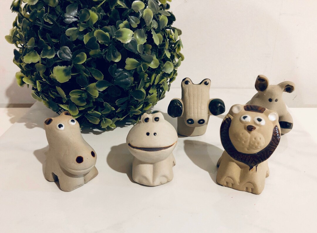 Set of 5 Clay Animal Figurines Pet Art Plant Decor Stone Etsy