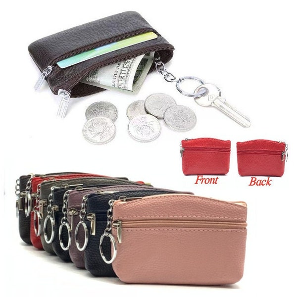 Women's Genuine Leather Coin Purse Mini Pouch Change Wallet with Key Ring