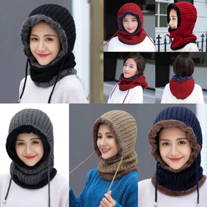 Women Men Warm Thick Knit Beanie Cap Earmuffs Hooded Scarf - Etsy