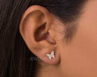 Butterfly Stud Earrings For Women, 14K Gold Butterfly Earrings, 1.2mm Round Cut Moissanite Earrings, Tiny Butterfly Stud, Gift For Daughter