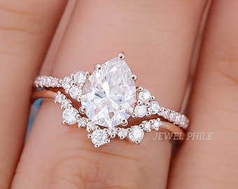 Ensemble de bagues de fiançailles en moissanite taille poire Bague de fiançailles unique en or rose vintage avec diamants incurvés, cadeau d'anniversaire de mariage pour femme