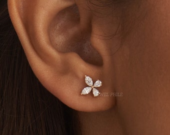 Marquise Flower Stud Earrings 14K Rose Gold Moissanite Floral Petal Cluster Dainty Romantic Bridal Birthday Gift