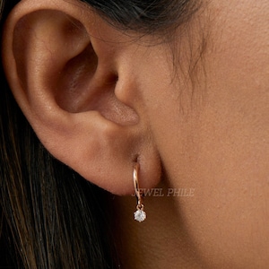 14k Solid Gold Hoop Earrings, Solitaire Drop Hoop Earrings, Round Cut Moissanite Earrings, Anniversary Gift, Promise Gift, Gift For Daughter