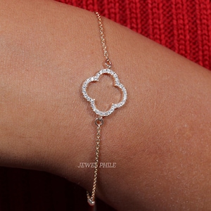 14K Gold clover bracelet Four leaf clover bracelet Moissanite Charm Bracelet Layering Bracelet Christmas Gift