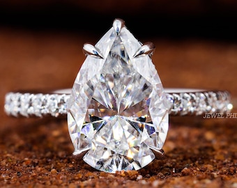 3.0 CT Pear Shape Moissanite Engagement Ring Pear Cut Hidden Halo Ring Tear Drop 14K 18K White Gold Pave Setting Ring Anniversary Gift Ring