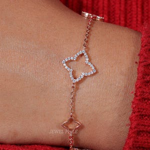 14K Gold clover bracelet, Four leaf clover bracelet, Moissanite Charm Bracelet, Layering Bracelet, Bridesmaid&#39;s Gift