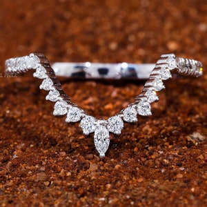 Marquise & Round Diamond Curved Wedding Band Unique Rose Gold Wedding Band Round Diamond Ring Bridal Stacking Ring Women Anniversary Ring